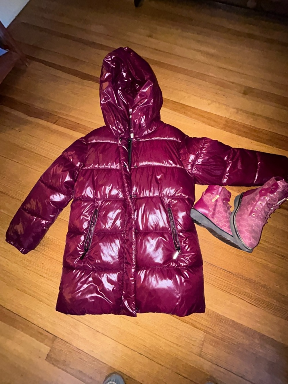 Michael Kors glossy wine-colored puffer jacket (L) and Michael Kors Boots (W9.5)